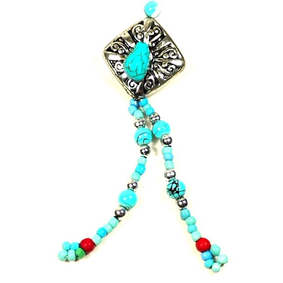womens Silver Tone Faux Turquoise Beaded Dangle Brooch Pin Southwestern Boho - Picture 1 of 4